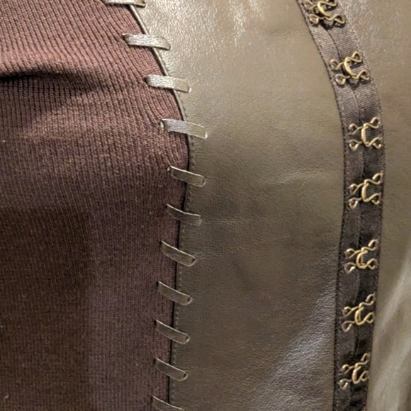 EUC 80s Tan Jay XL Leather and Knit Hook & Eye Front Stand Collar Sweater - Picture 2 of 8